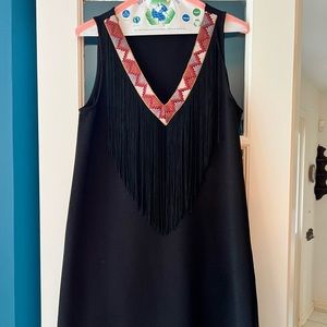 Jack black shift dress in size XS with embroidered v-neck and long black fringe